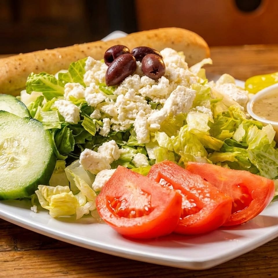 A fresh Greek salad with lettuce, feta, olives, cucumbers, tomatoes, and a breadstick.