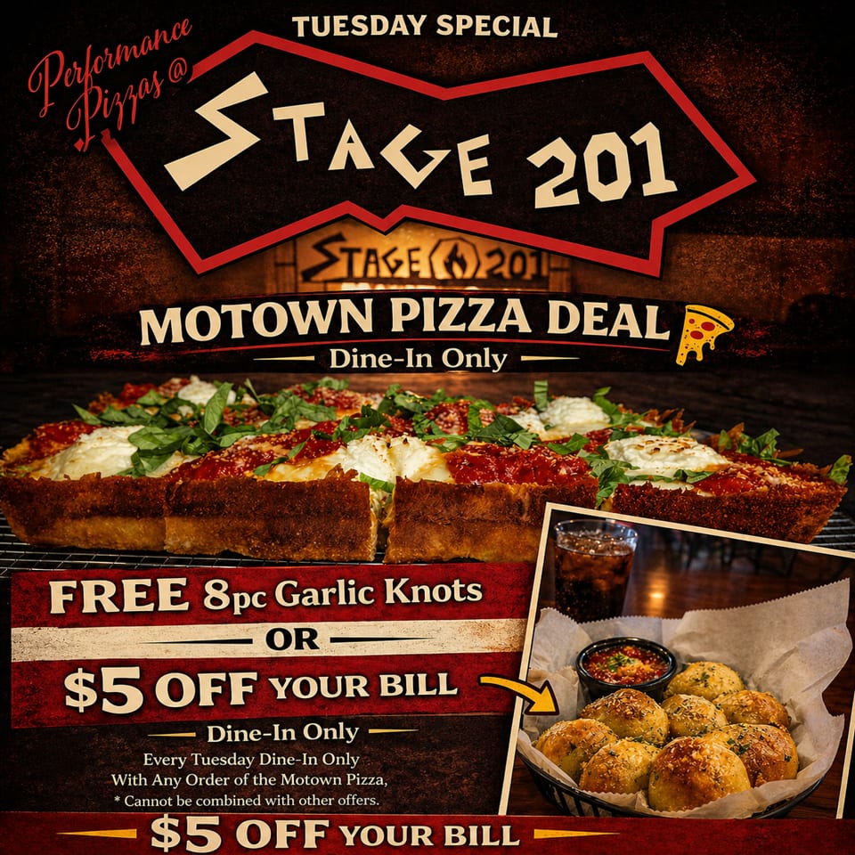 Tuesday Motown Pizza dine-in special featuring stuffed pizzas, garlic knots, marinara sauce, and a soft drink.