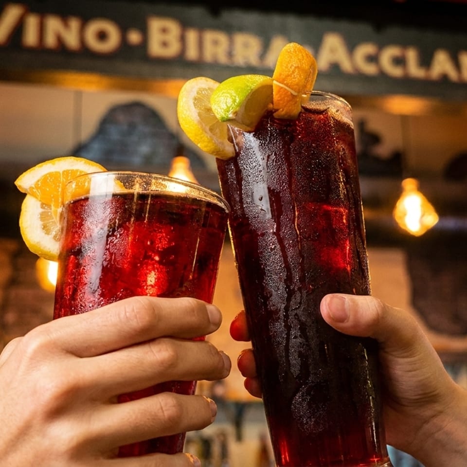 Two hands clinking tall glasses of red sangria garnished with citrus slices, under a "Vino Birra" sign.