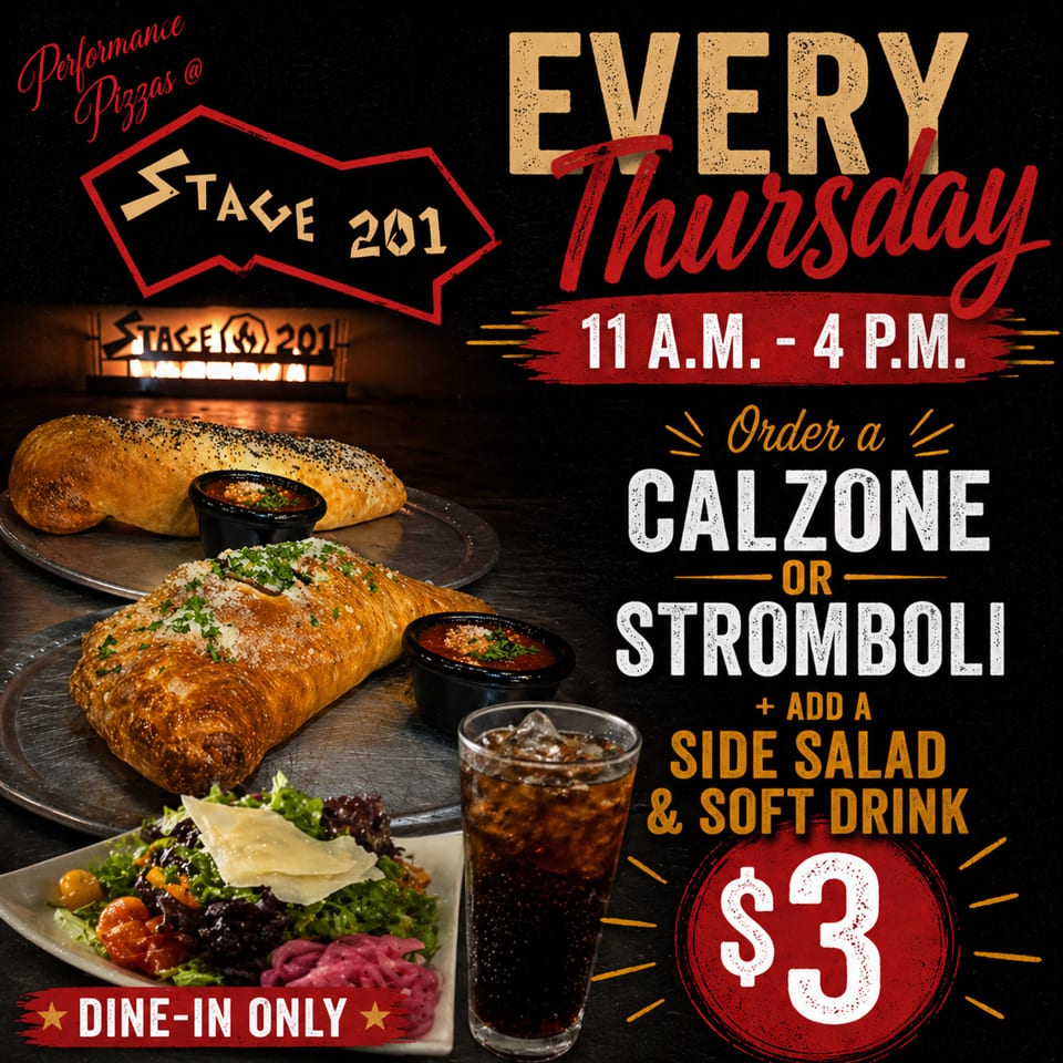 Two calzones or strombolis with dipping sauce, a side salad, and a soda.