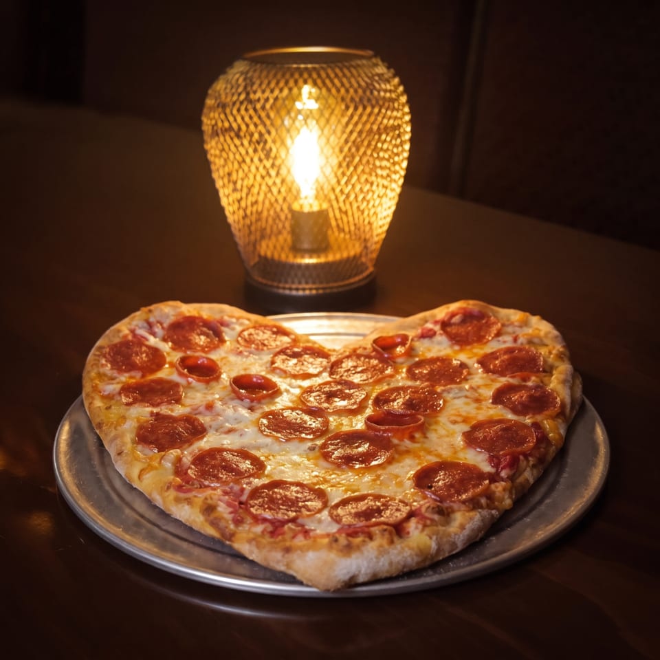 Heart-shaped pepperoni pizza on a metal tray, illuminated by a warm table lamp.