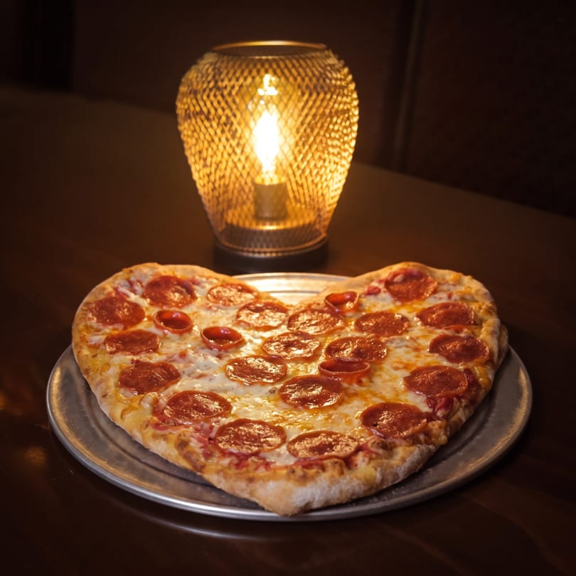 Heart-shaped pepperoni pizza on a metal tray with a glowing lamp in the background.