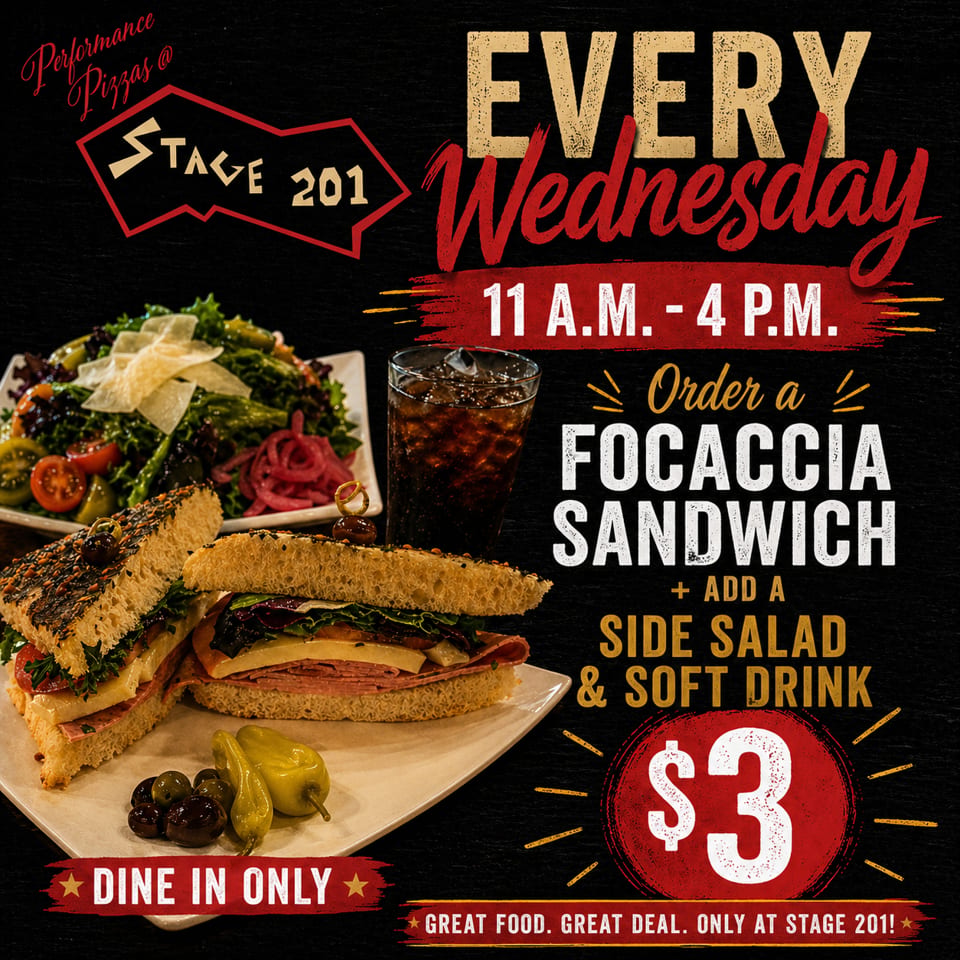A focaccia sandwich, side salad, and soda on a black background with promotional text.